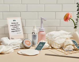 The Postpartum Recovery Kit comes with sitz baths, perineal spray, upside down peri bottle, nursing pads, nipple cream and everything you need for a better recovery!